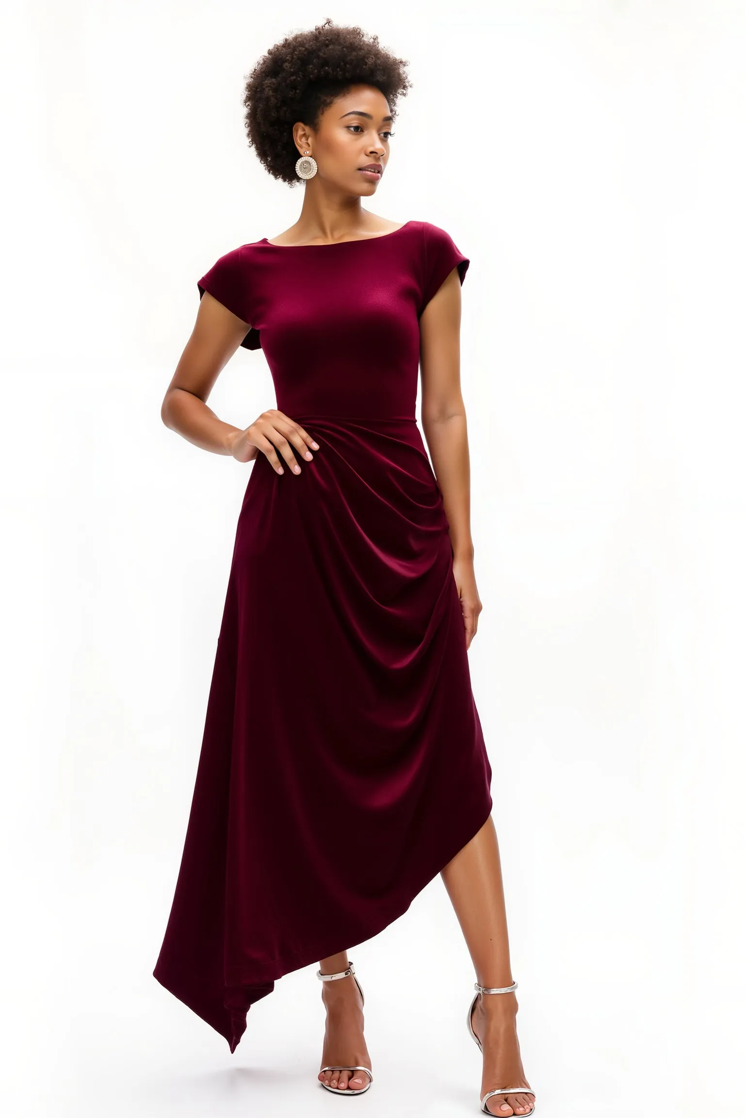 Burgundy A Line Boat Neck Ruched Holiday Dress sold by Zapaka