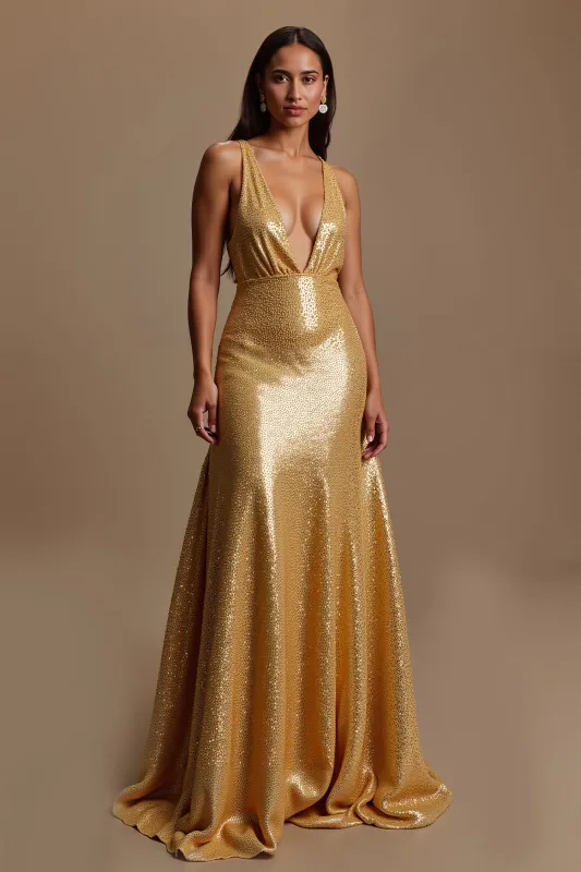 Sparkly Golden A Line V Neck Holiday Dress sold by Zapaka