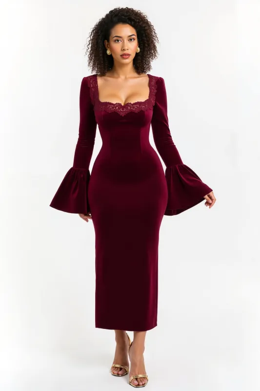 Burgundy Square Neck Sheath Lace Long Holiday Dress sold by Zapaka