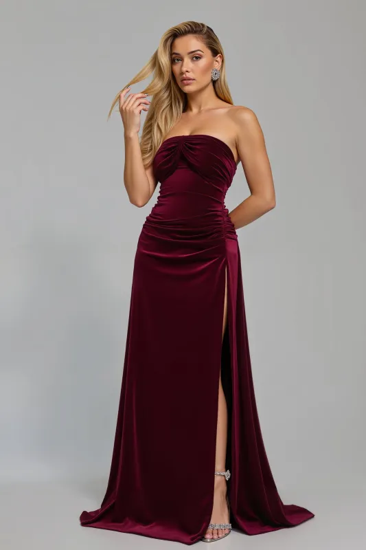 Burgundy Strapless Sheath Ruched Holiday Dress sold by Zapaka