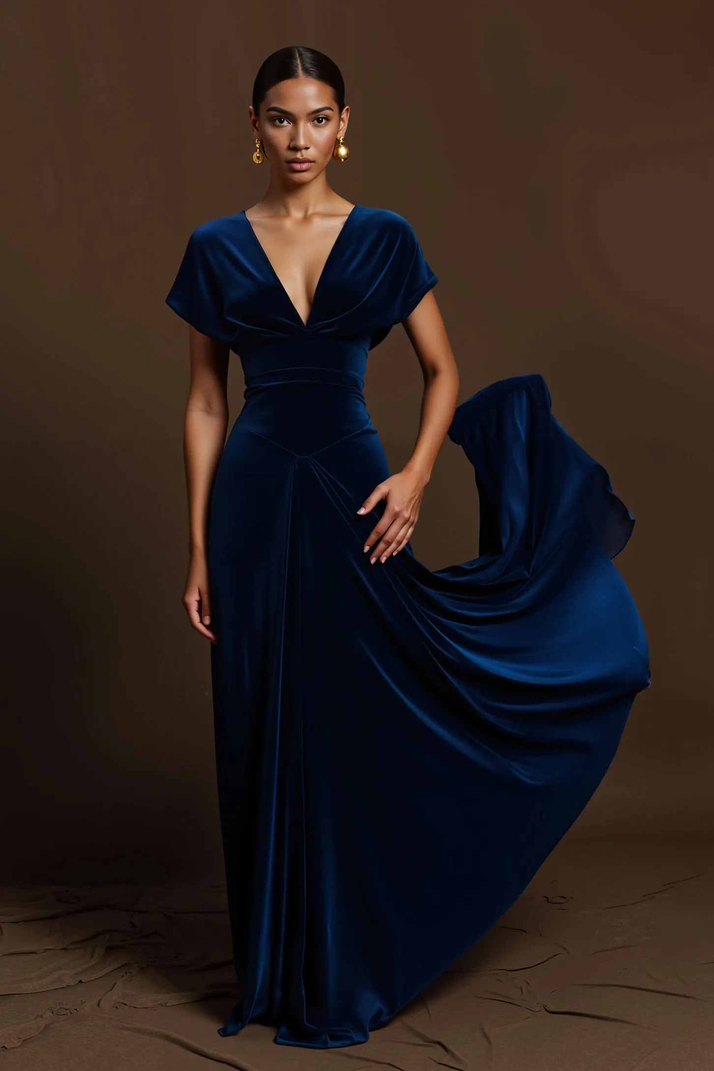Royal Blue A Line Pleated V Neck Long Holiday Dress sold by Zapaka