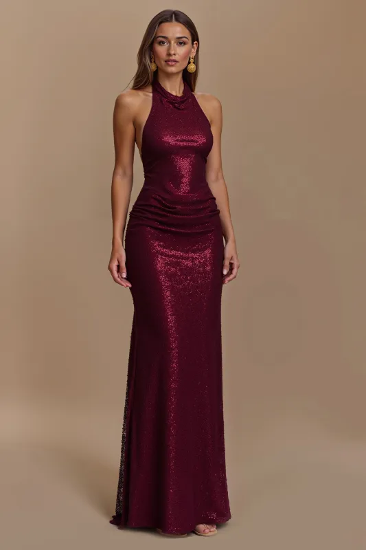 Sheath Burgundy Sequin Halter Long Holiday Dress sold by Zapaka