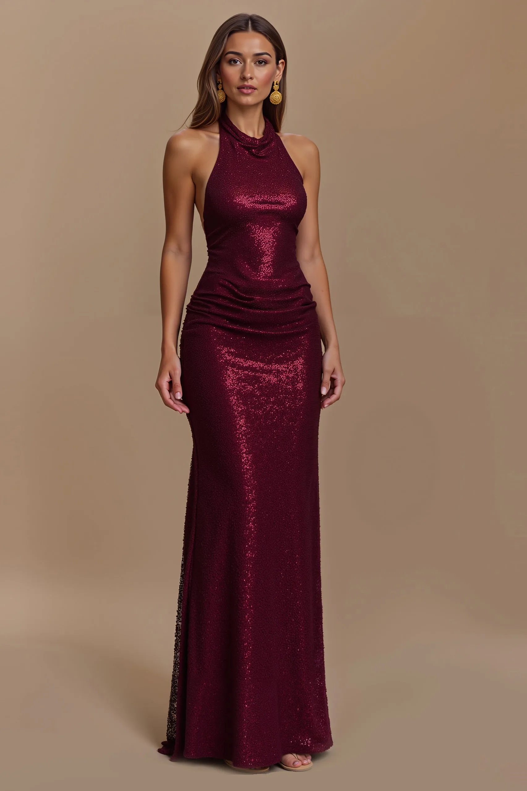 Sheath Burgundy Sequin Halter Long Holiday Dress sold by Zapaka