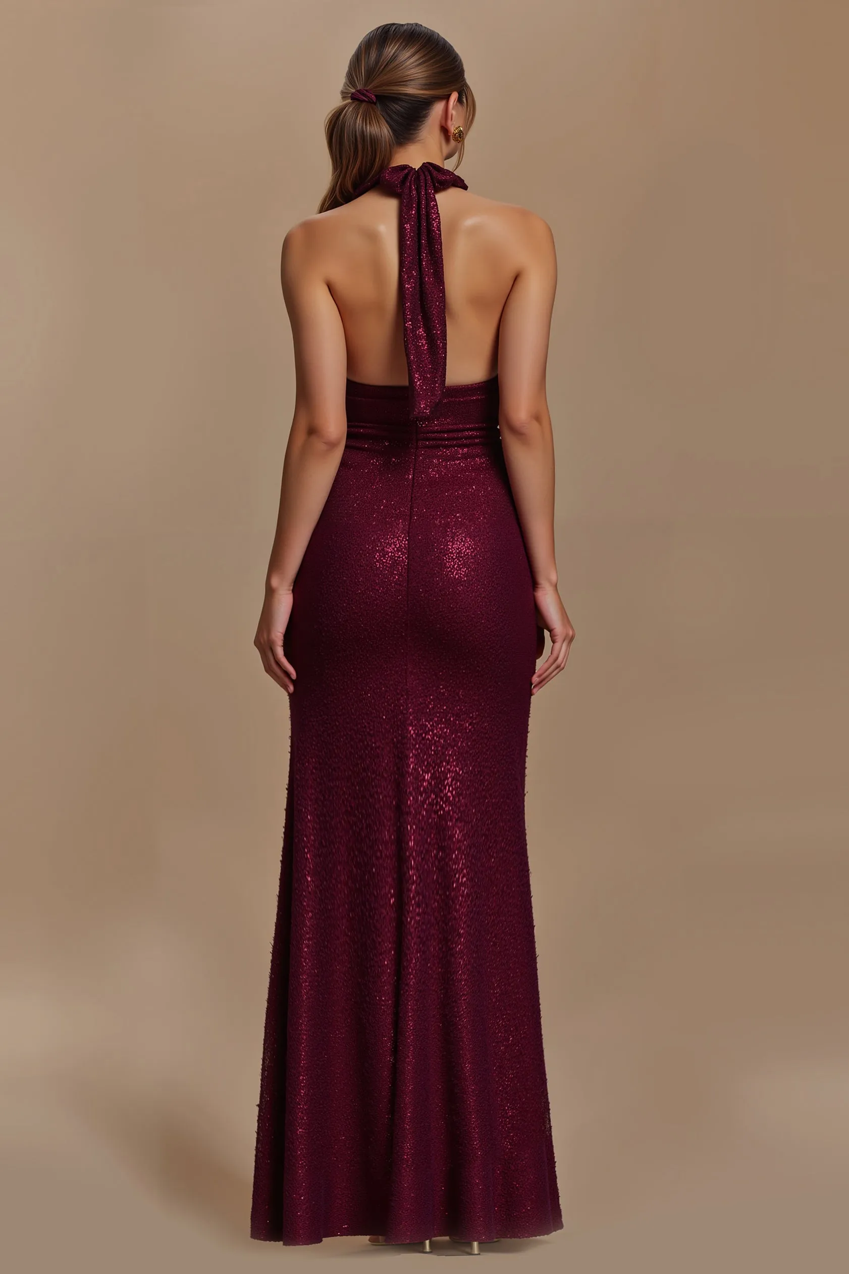Sheath Burgundy Sequin Halter Long Holiday Dress sold by Zapaka product image thumbnail 2