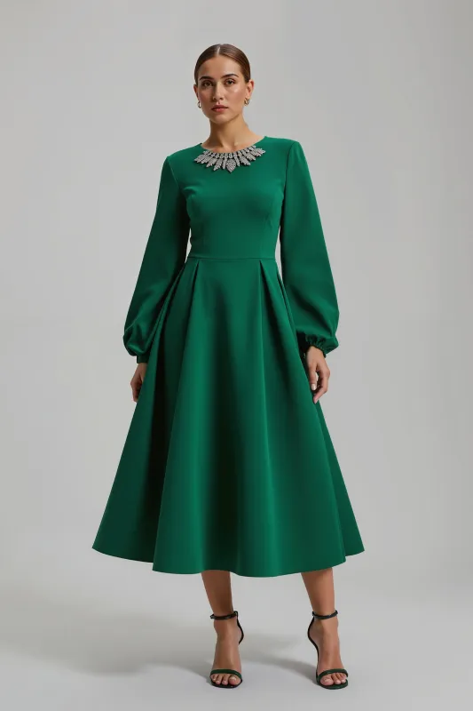 Dark Green A Line Long Sleeve Satin Beaded Holiday Dress sold by Zapaka