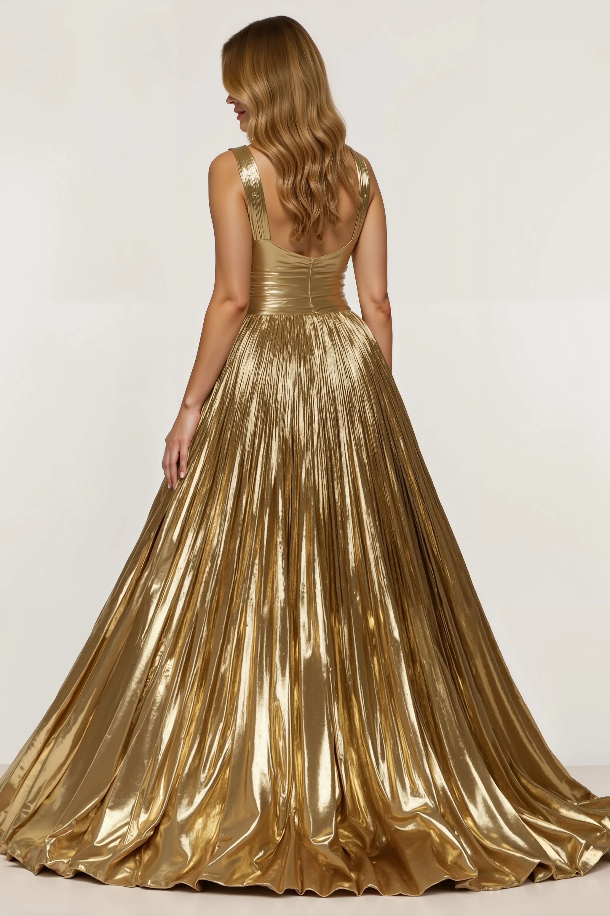 Golden Metallic Pleated A Line Long Holiday Dress sold by Zapaka product image thumbnail 2