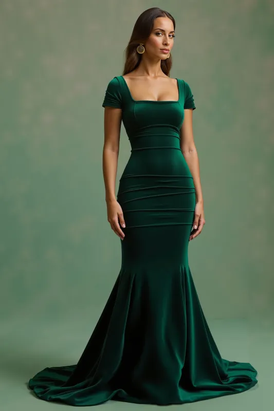 Dark Green Mermaid Square Neck Long Holiday Dress sold by Zapaka