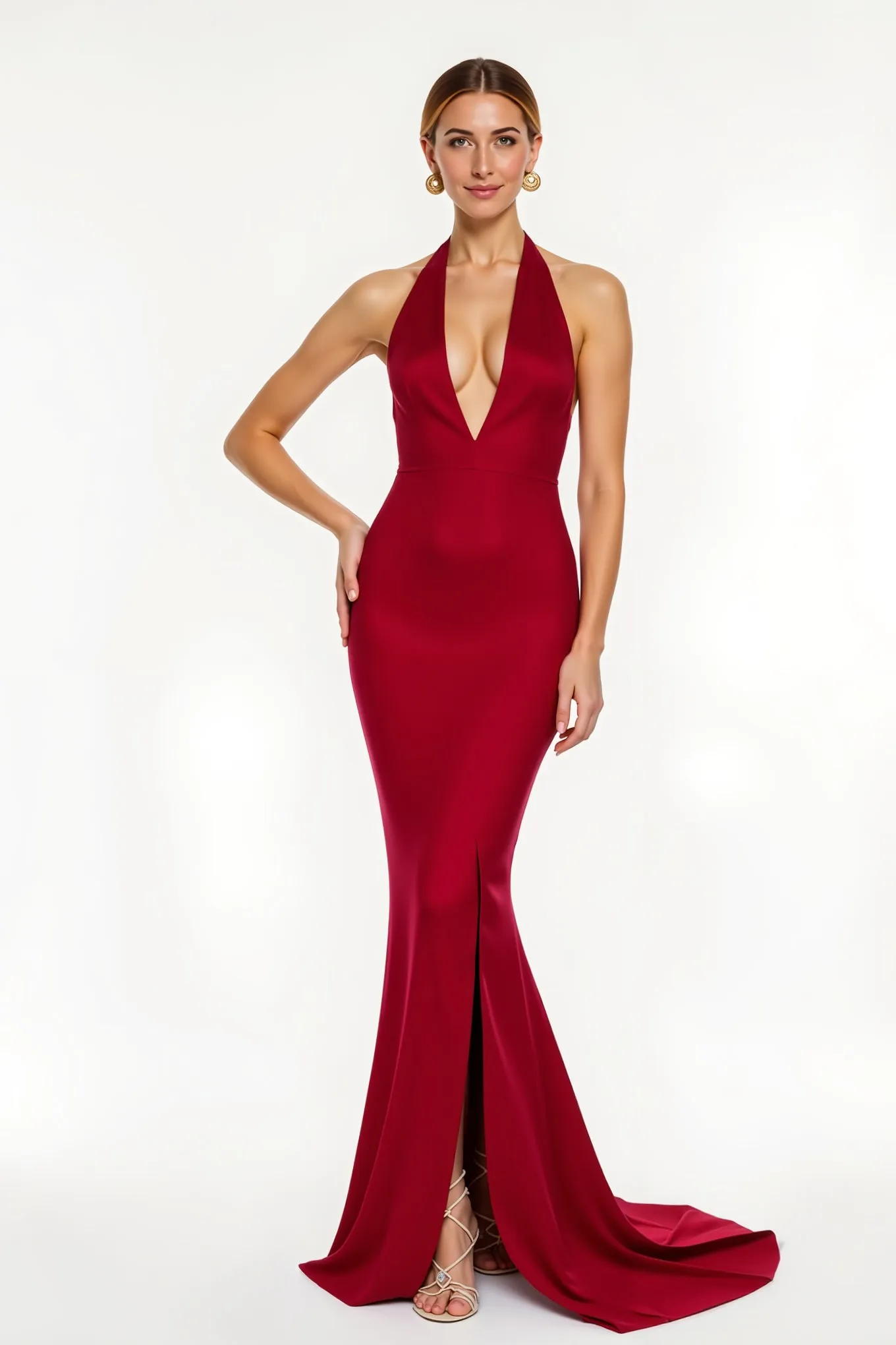 Red Halter Satin Mermaid Long Holiday Dress sold by Zapaka