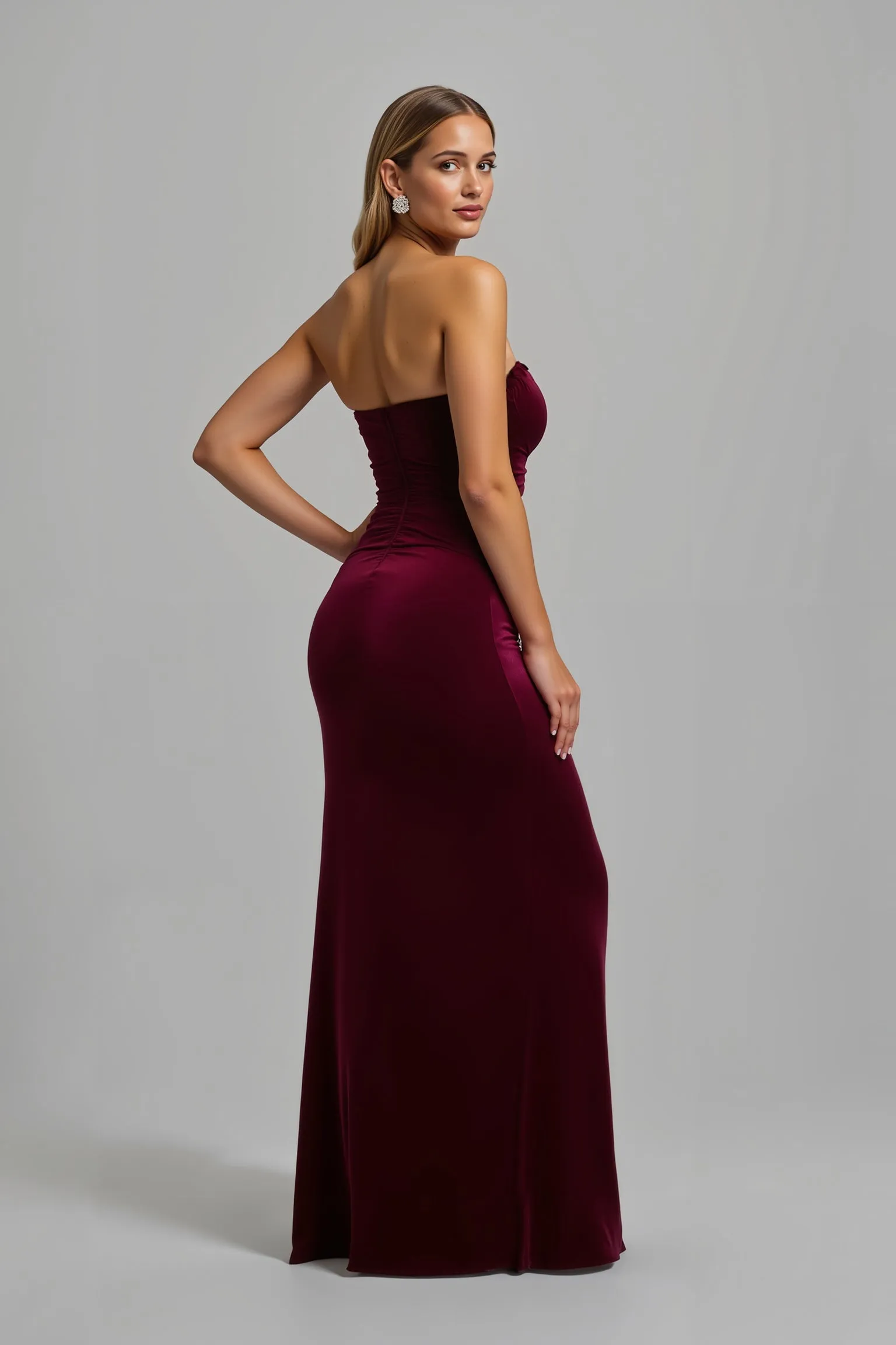 Strapless Burgundy Sheath Long Holiday Dress With Slit sold by Zapaka product image thumbnail 2