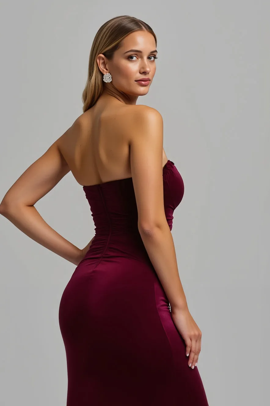 Strapless Burgundy Sheath Long Holiday Dress With Slit sold by Zapaka product image thumbnail 4