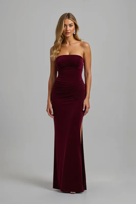 Strapless Burgundy Sheath Long Holiday Dress With Slit sold by Zapaka
