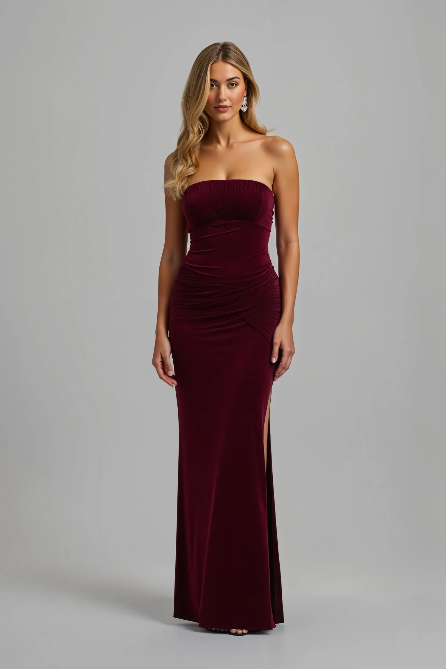 Strapless Burgundy Sheath Long Holiday Dress With Slit sold by Zapaka