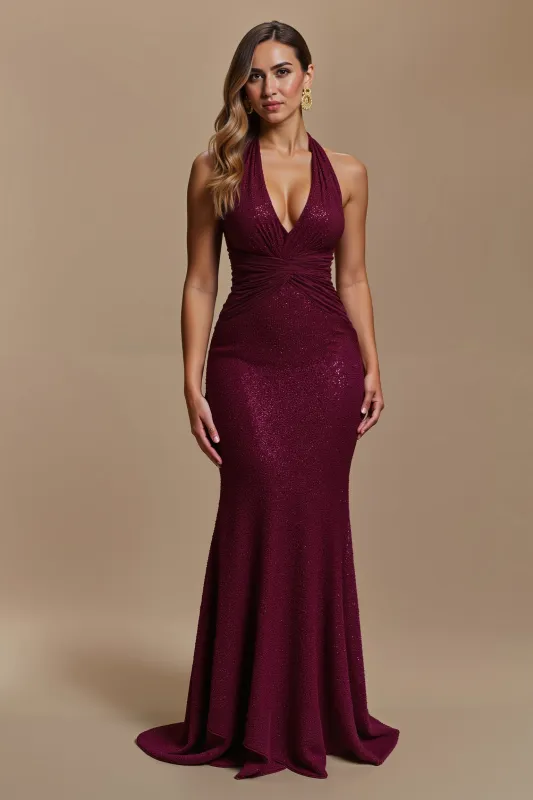 Halter Burgundy Mermaid Sequin Long Holiday Dress sold by Zapaka
