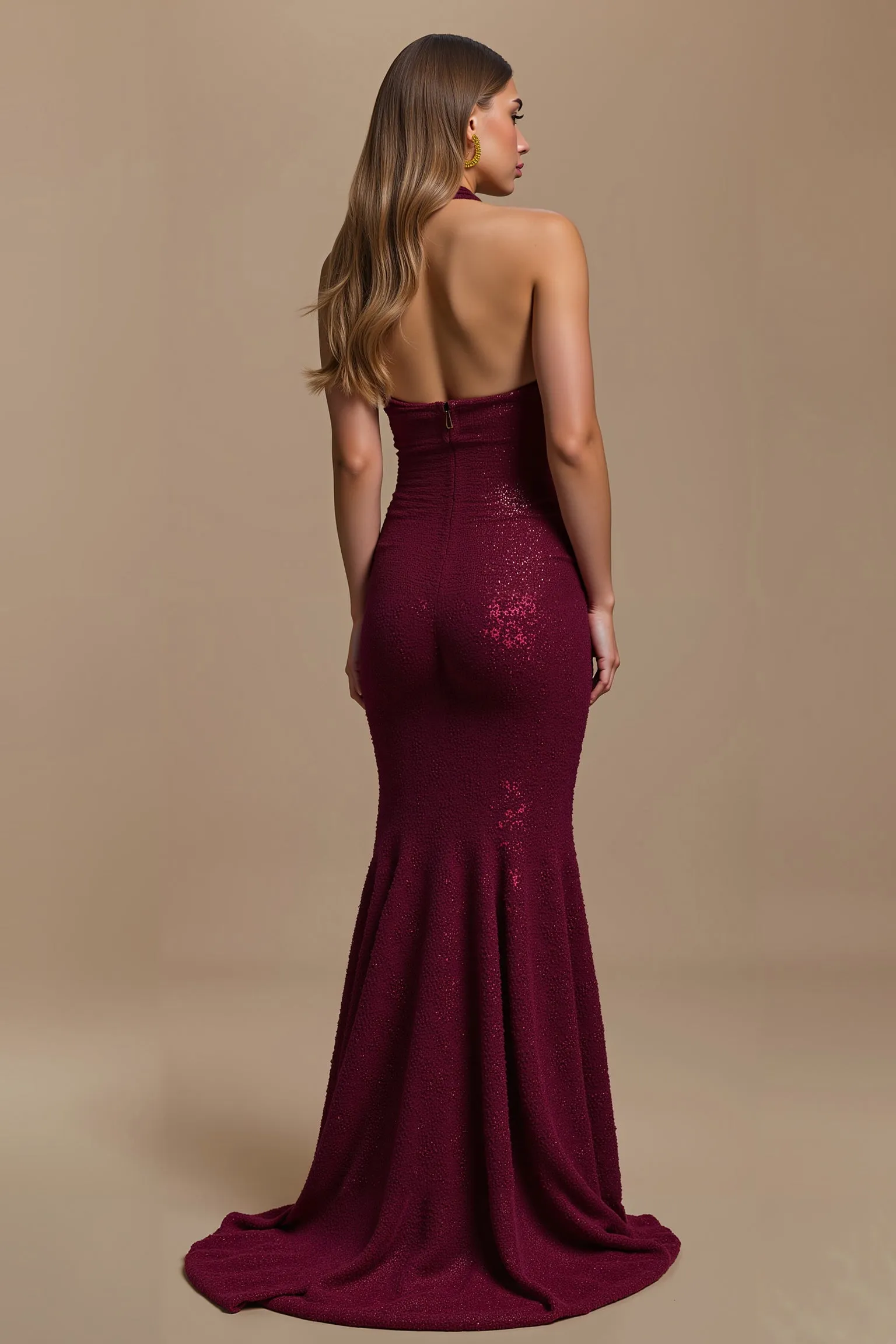 Halter Burgundy Mermaid Sequin Long Holiday Dress sold by Zapaka product image thumbnail 2