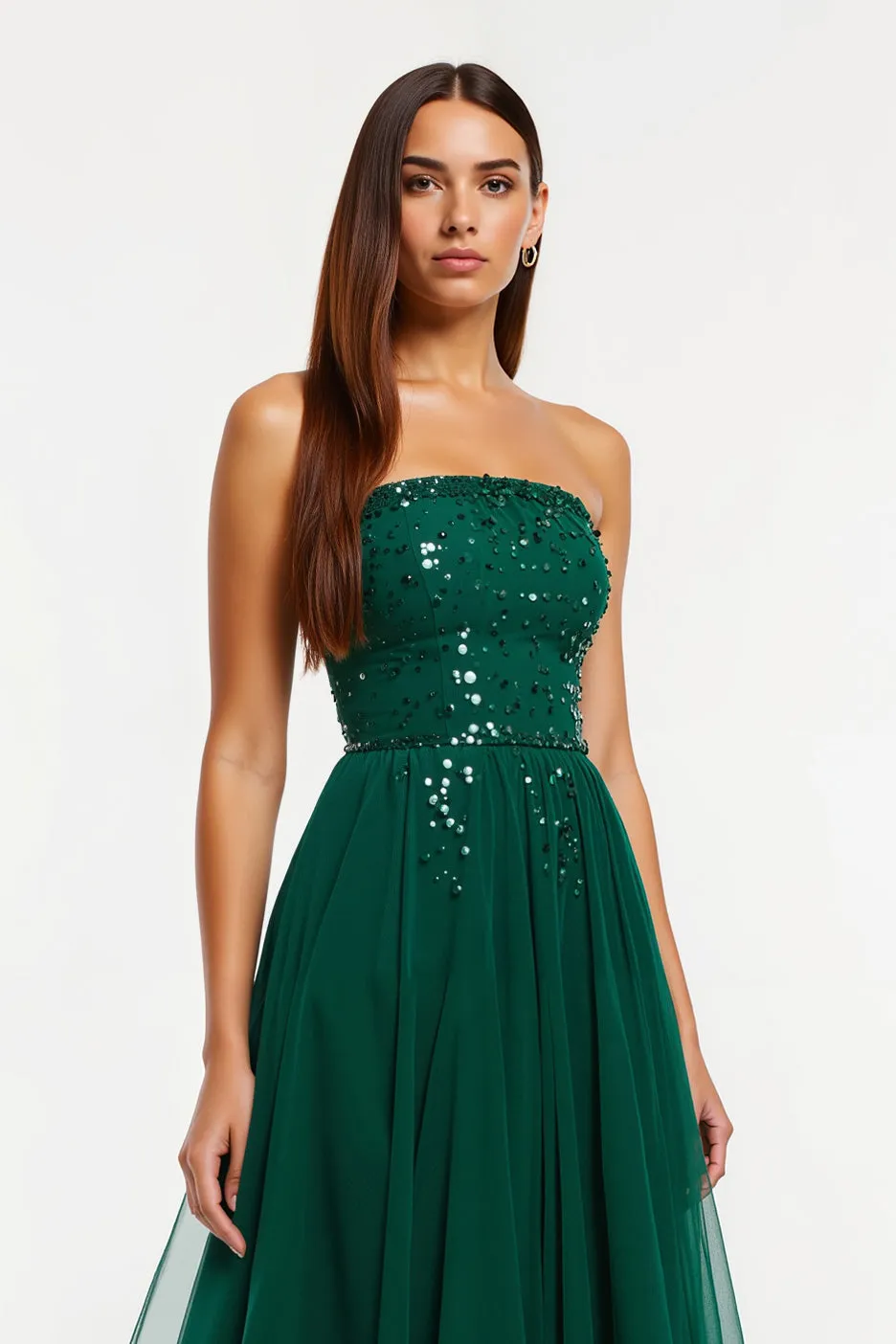 Dark Green Strapless A Line Sequin Long Holiday Dress sold by Zapaka product image thumbnail 3