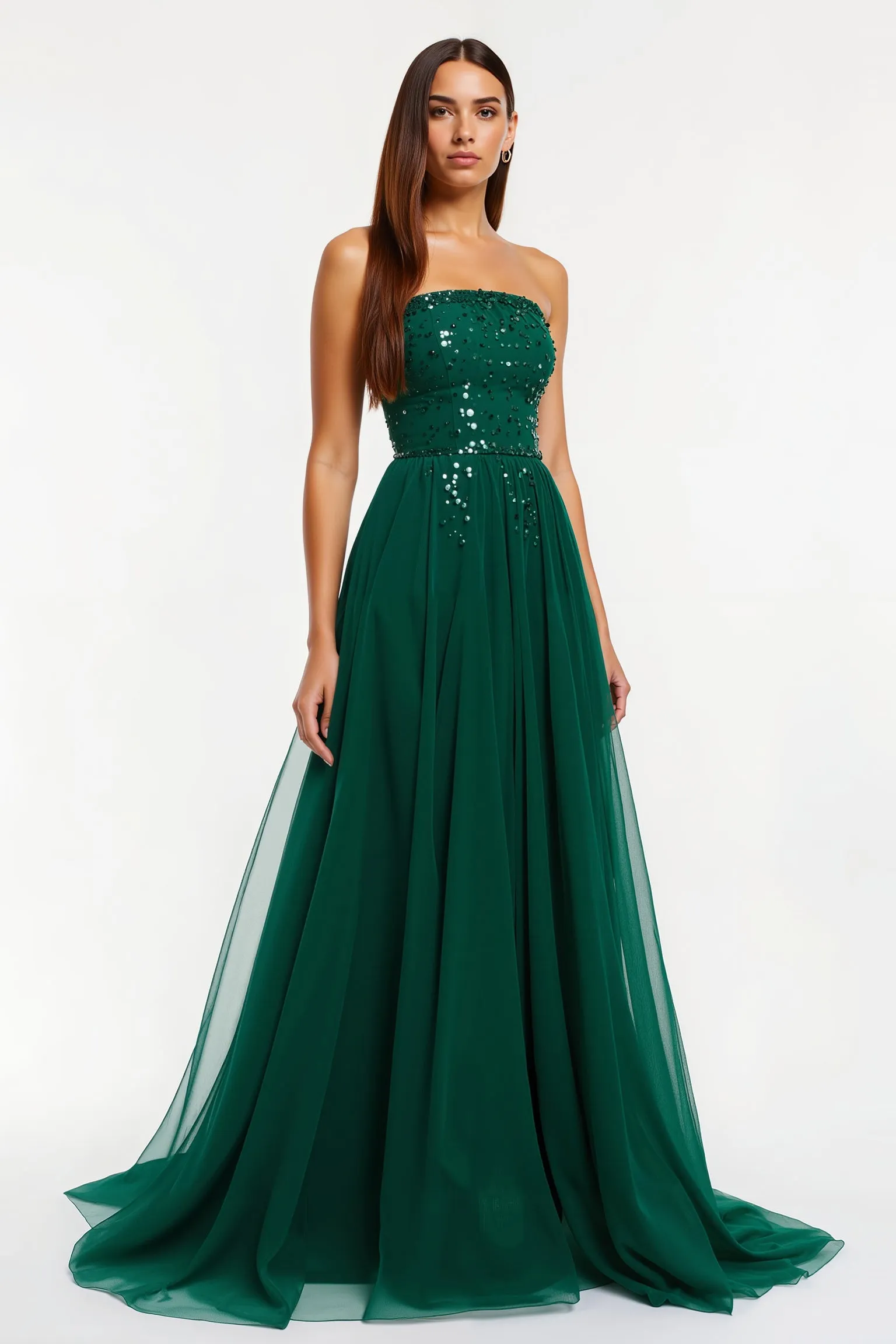 Dark Green Strapless A Line Sequin Long Holiday Dress sold by Zapaka