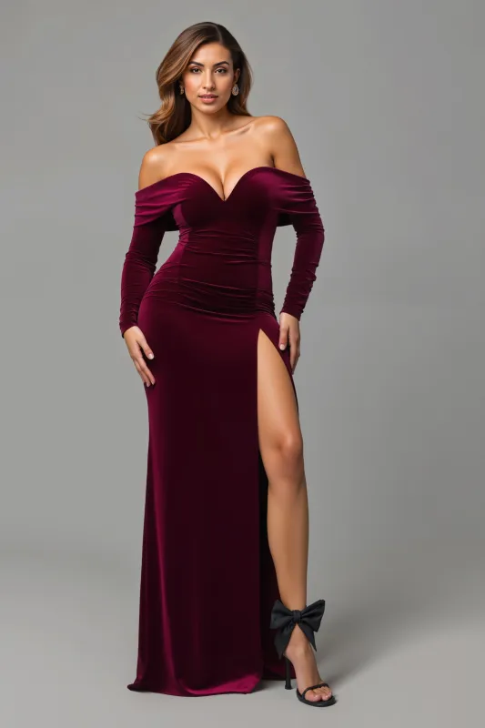 Burgundy Mermaid Off The Shoulder Long Holiday Dress sold by Zapaka