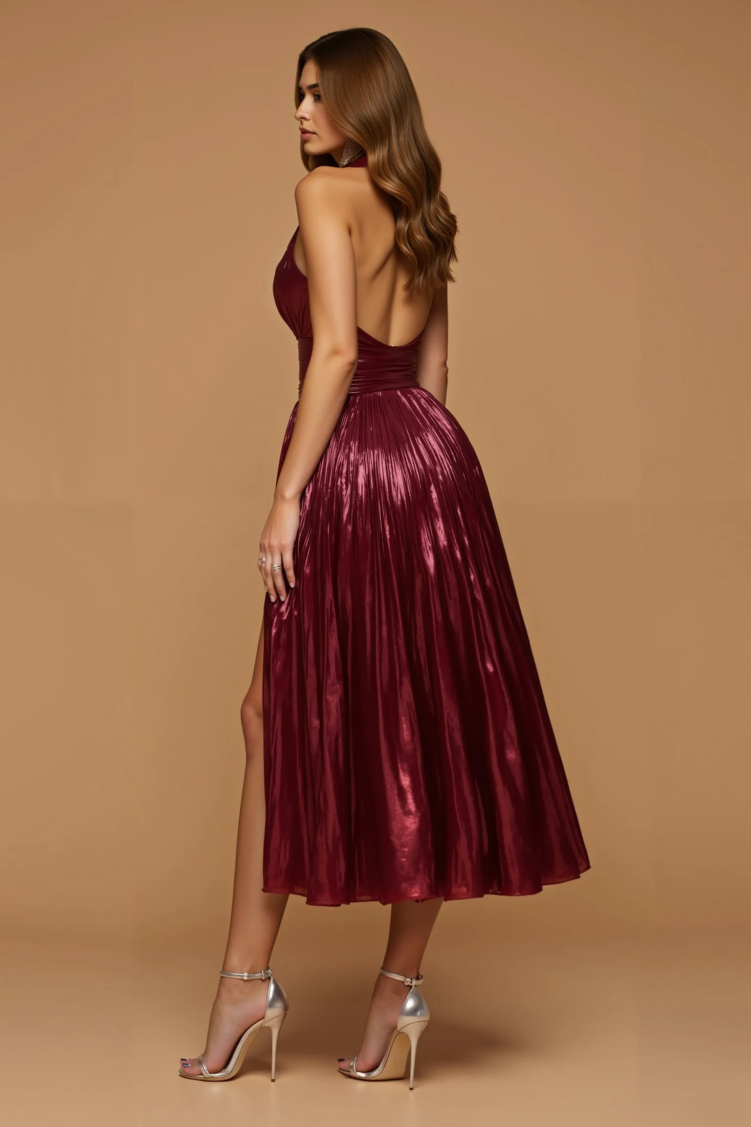 Sparkly Burgundy Metallic Halter A Line Holiday Party Dress With Slit sold by Zapaka product image thumbnail 2