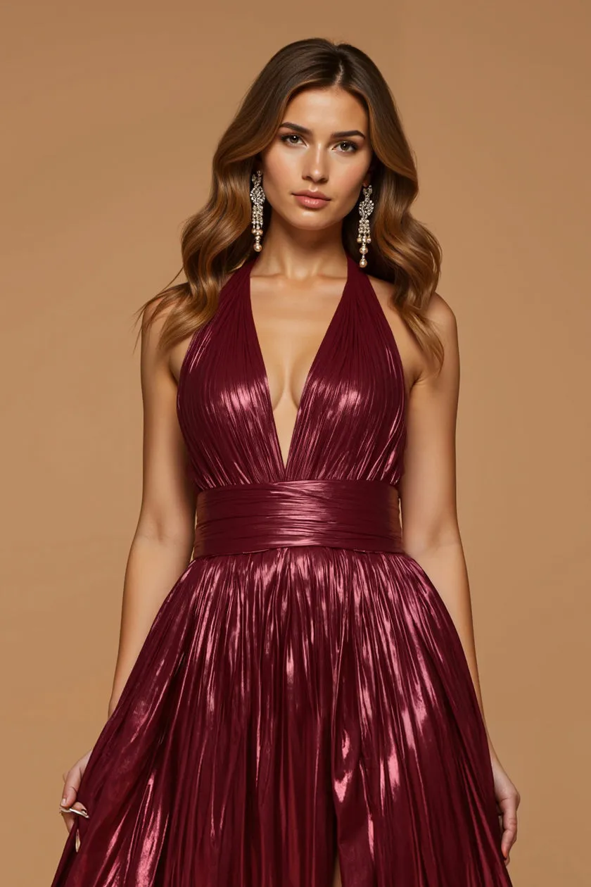 Sparkly Burgundy Metallic Halter A Line Holiday Party Dress With Slit sold by Zapaka product image thumbnail 3