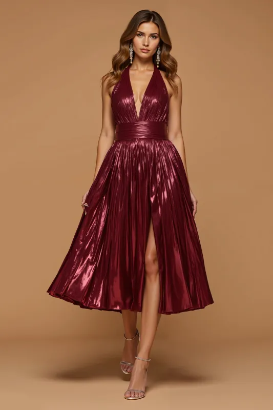 Sparkly Burgundy Metallic Halter A Line Holiday Party Dress With Slit sold by Zapaka