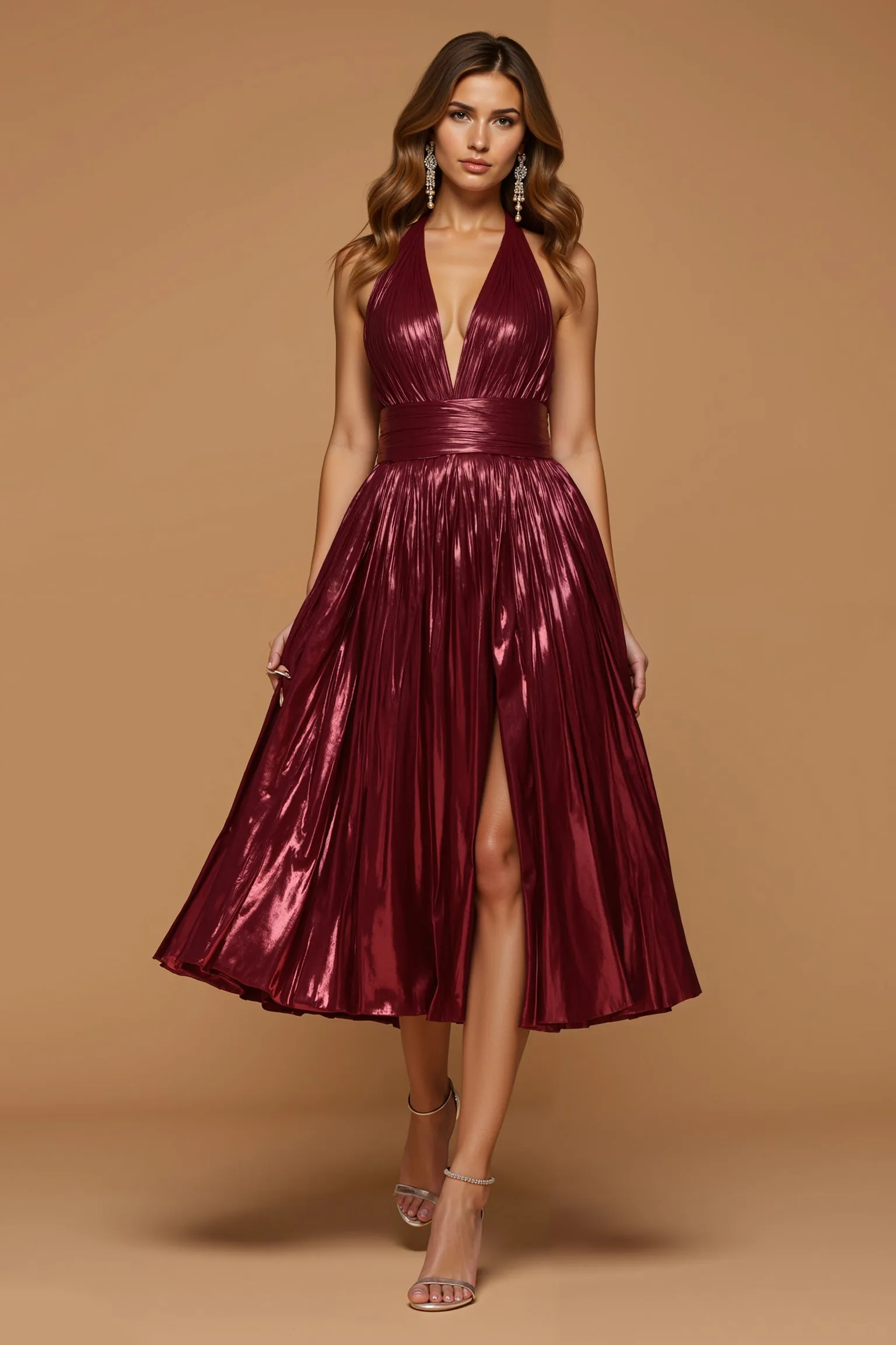 Sparkly Burgundy Metallic Halter A Line Holiday Party Dress With Slit sold by Zapaka