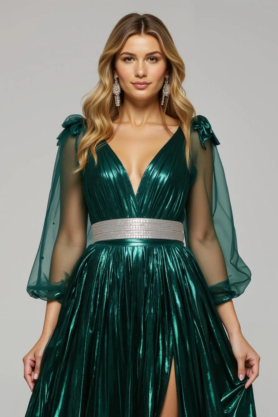 Sparkly Dark Green A Line Metallic V-Neck Holiday Party Dress With Slit sold by Zapaka product image thumbnail 3