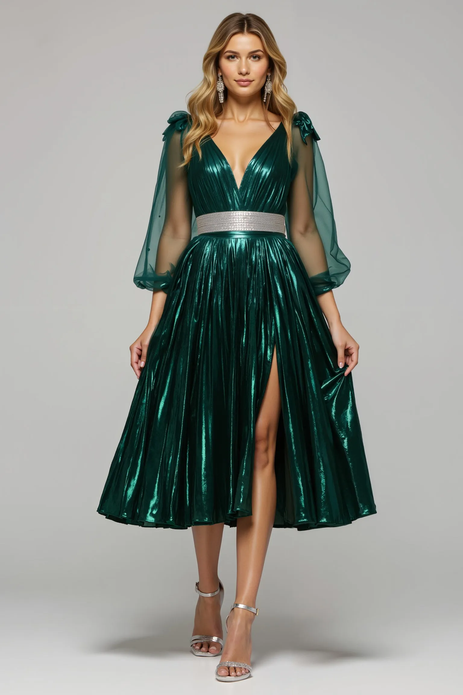 Sparkly Dark Green A Line Metallic V-Neck Holiday Party Dress With Slit sold by Zapaka