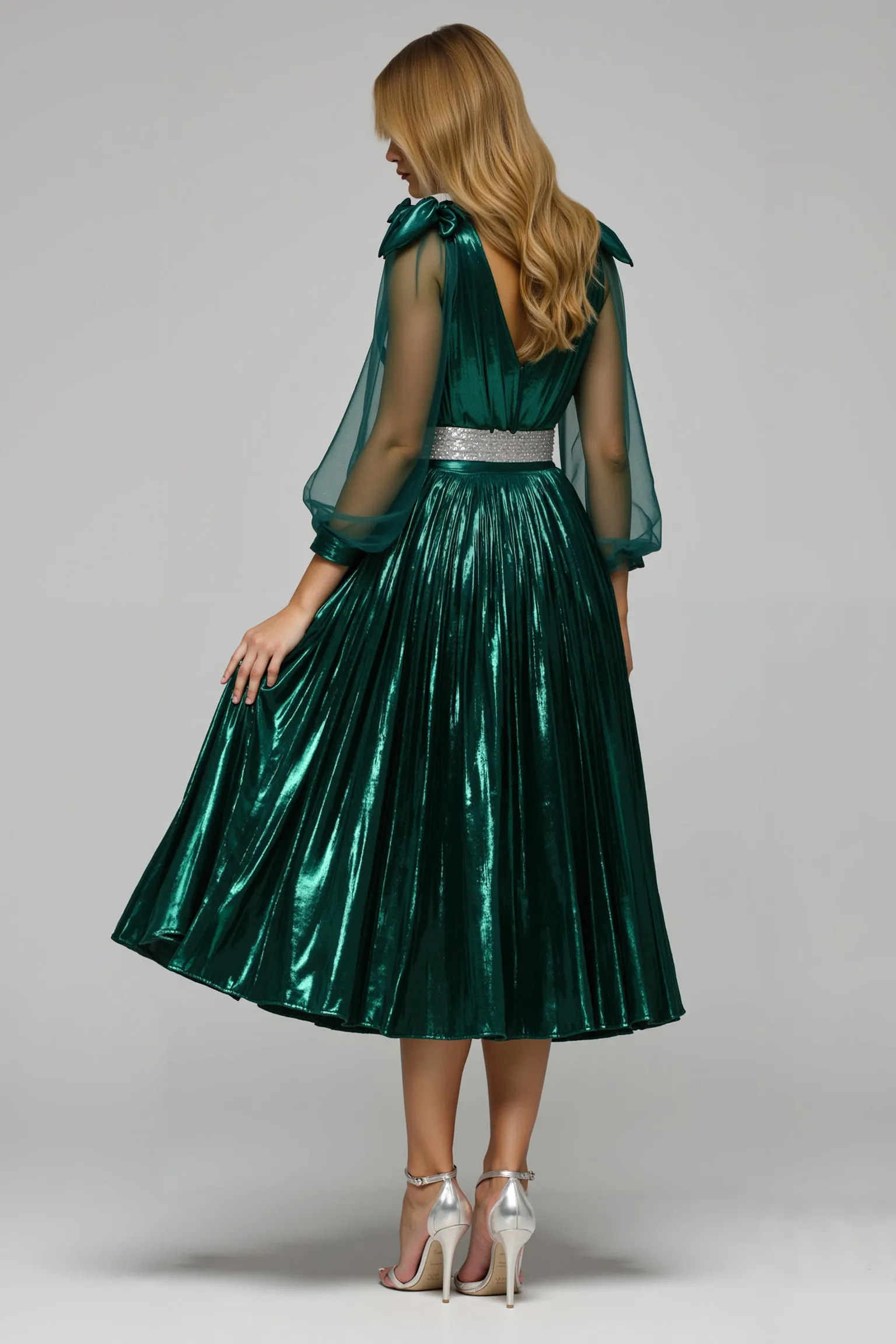 Sparkly Dark Green A Line Metallic V-Neck Holiday Party Dress With Slit sold by Zapaka product image thumbnail 2