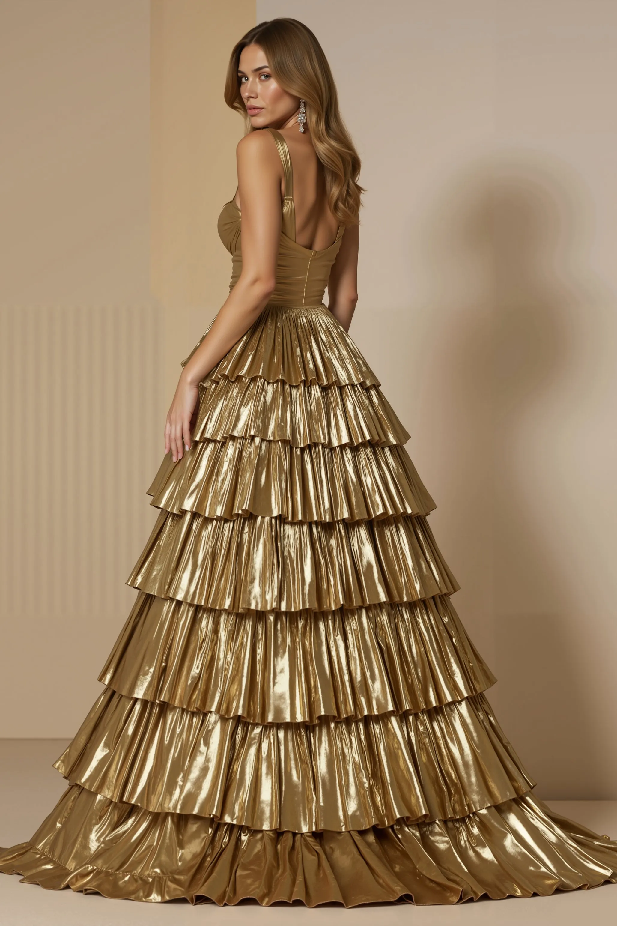 Sparkly Golden Metallic Tiered Long Holiday Party Dress With Ruffles sold by Zapaka product image thumbnail 2