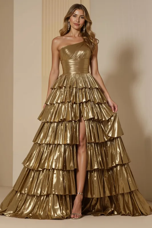 Sparkly Golden Metallic Tiered Long Holiday Party Dress With Ruffles sold by Zapaka