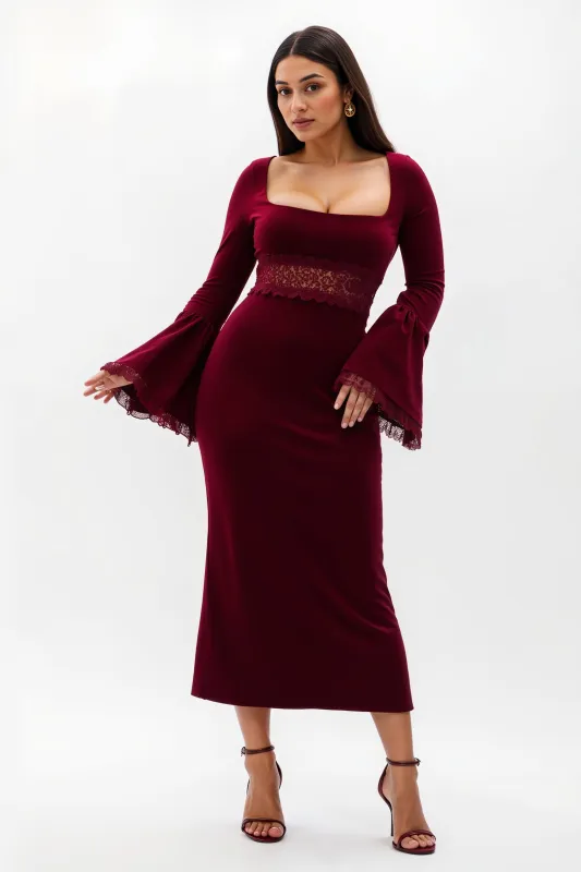Burgundy Sheath Velvet Square Neck Long Holiday Party Dress With Appliques sold by Zapaka