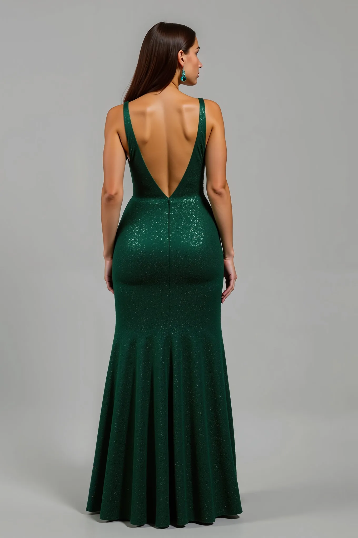 Sparkly Dark Green Mermaid V-Neck Long Holiday Party Dress With Slit sold by Zapaka product image thumbnail 2