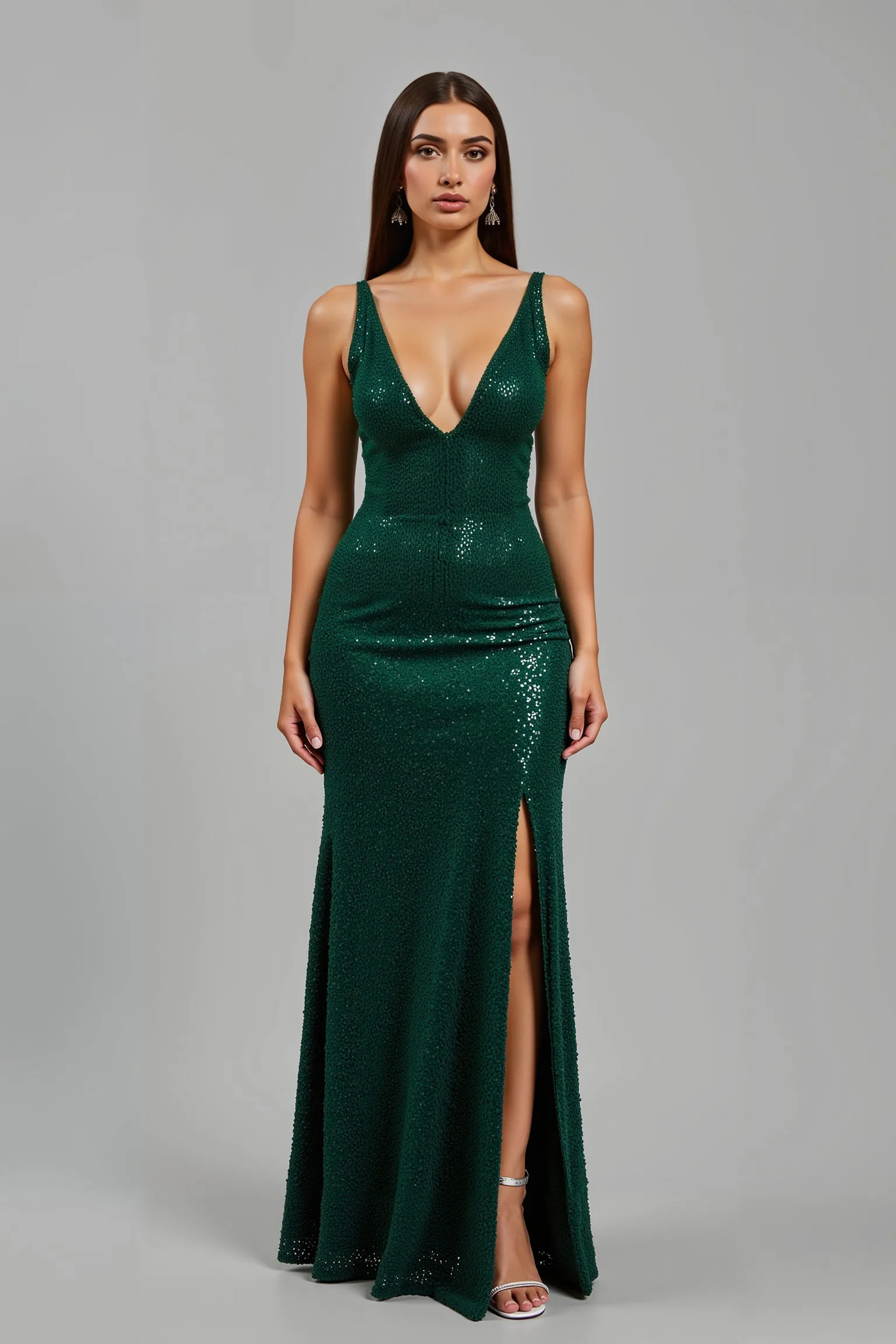 Sparkly Dark Green Mermaid V-Neck Long Holiday Party Dress With Slit sold by Zapaka product image thumbnail 3