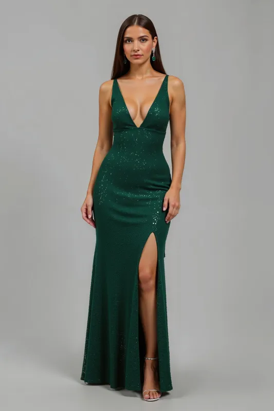 Sparkly Dark Green Mermaid V-Neck Long Holiday Party Dress With Slit sold by Zapaka