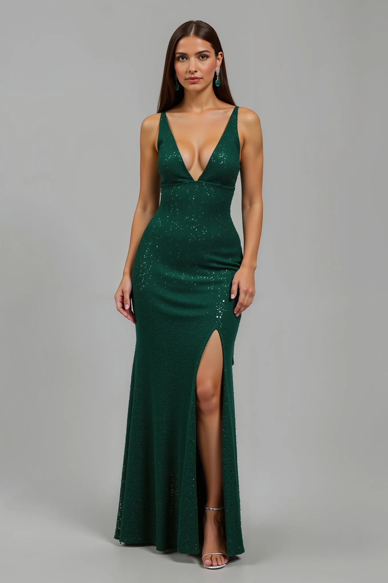 Sparkly Dark Green Mermaid V-Neck Long Holiday Party Dress With Slit sold by Zapaka
