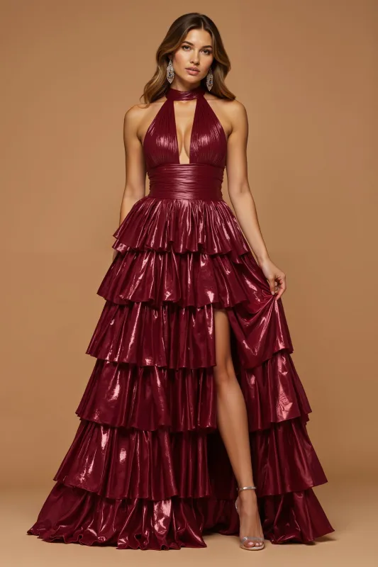 Sparkly Burgundy Metallic Halter Tiered Ruffled Long Holiday Party Dress With Slit sold by Zapaka