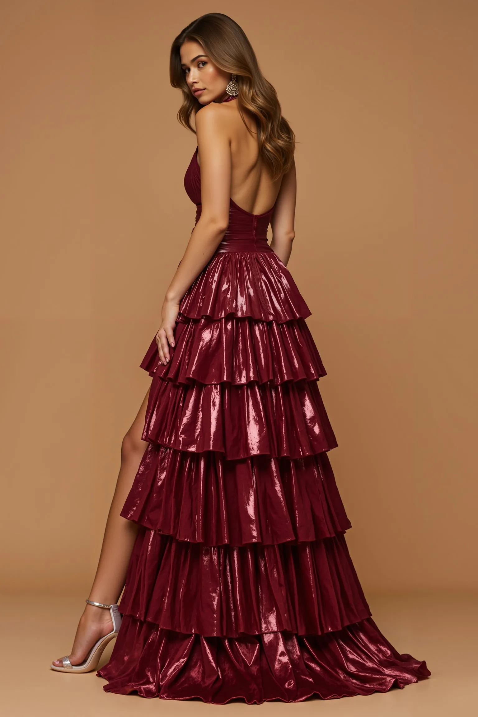 Sparkly Burgundy Metallic Halter Tiered Ruffled Long Holiday Party Dress With Slit sold by Zapaka product image thumbnail 2