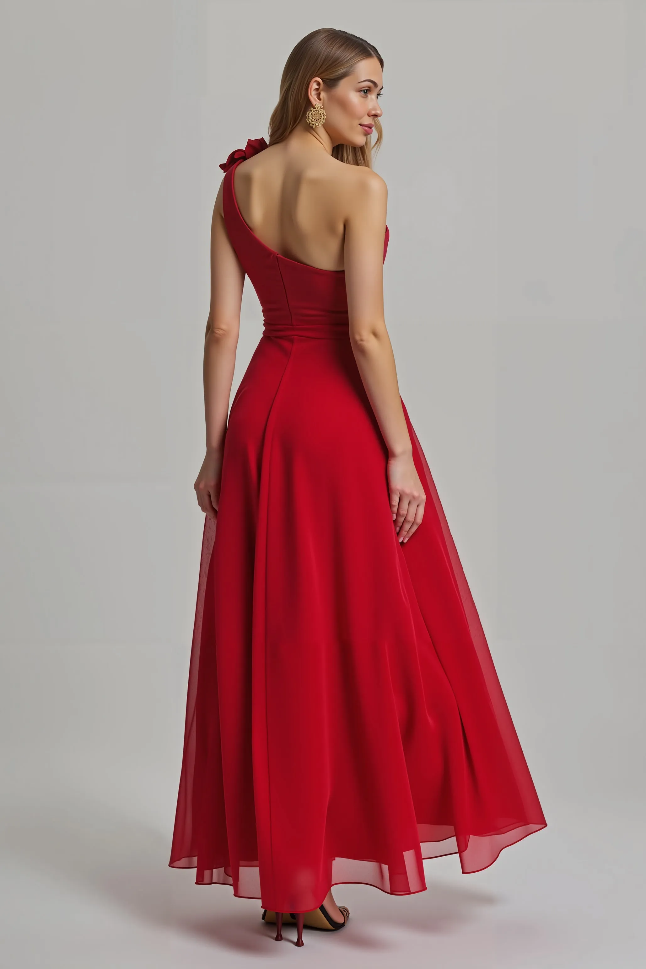 Red Floral A Line One Shoulder Long Holiday Party Dress sold by Zapaka product image thumbnail 2