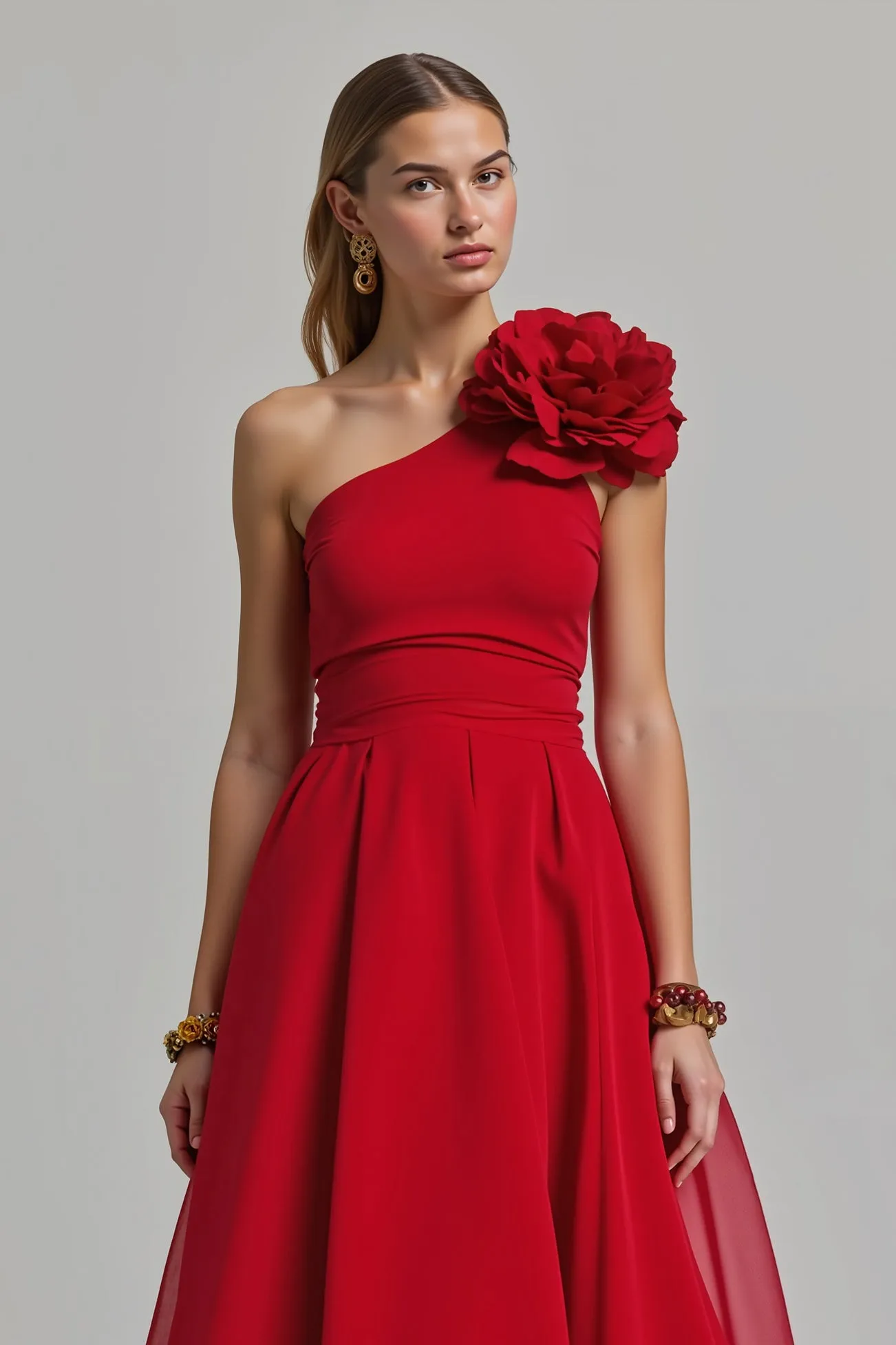 Red Floral A Line One Shoulder Long Holiday Party Dress sold by Zapaka product image thumbnail 3