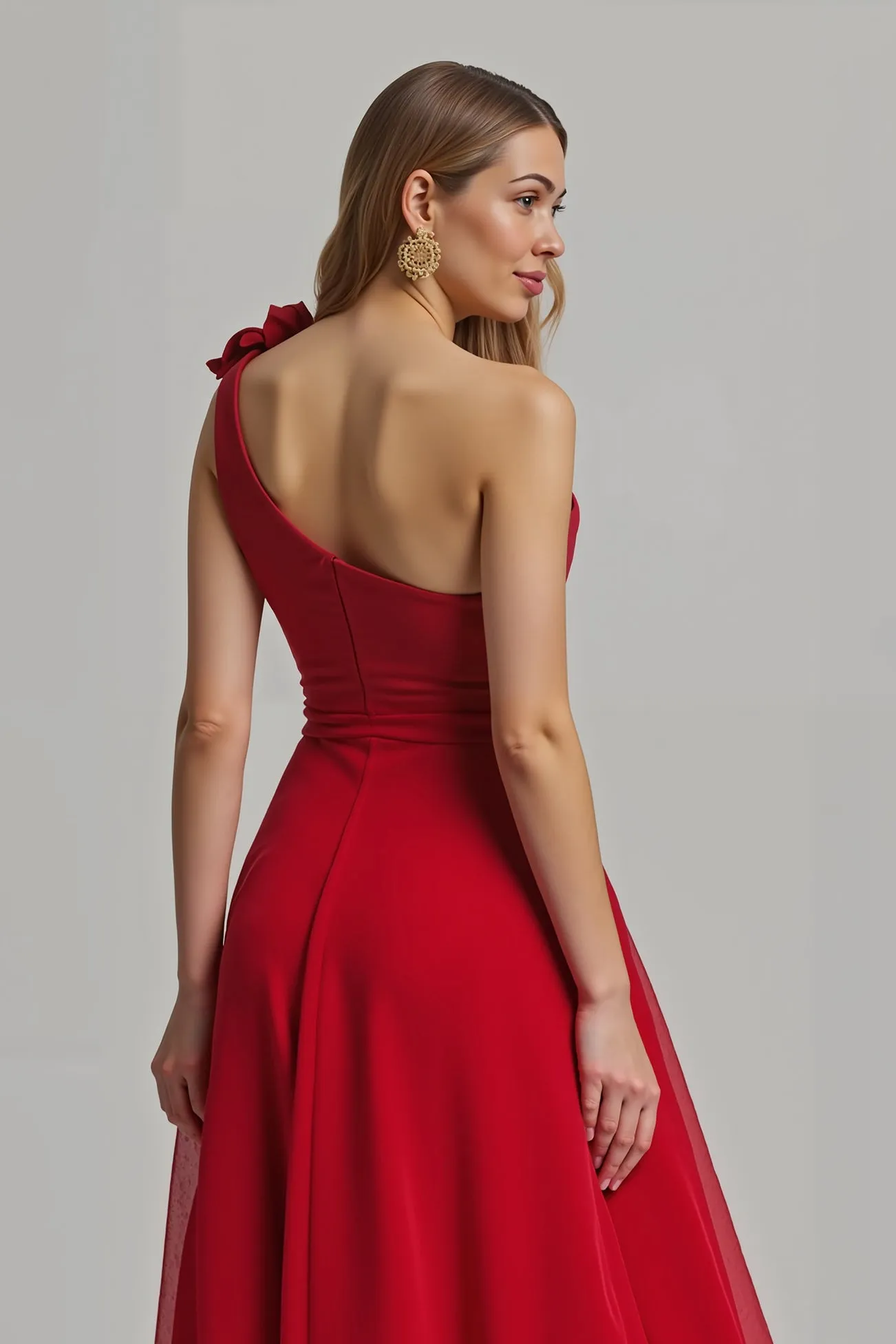 Red Floral A Line One Shoulder Long Holiday Party Dress sold by Zapaka product image thumbnail 4