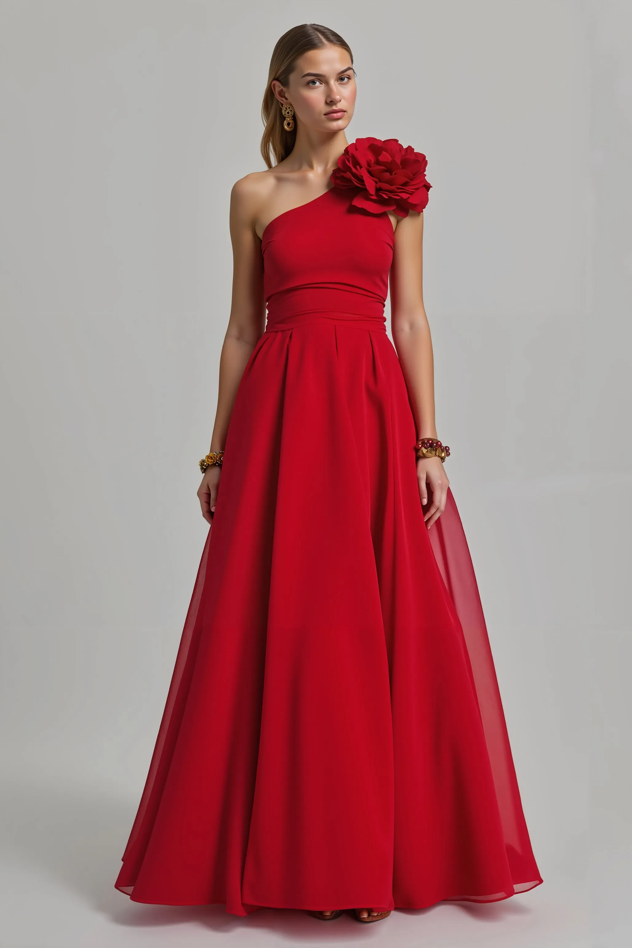 Red Floral A Line One Shoulder Long Holiday Party Dress sold by Zapaka