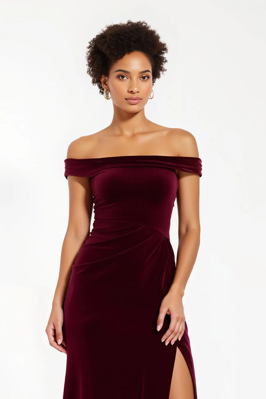 Burgundy Velvet Sheath Off The Shoulder Long Holiday Party Dress With Slit sold by Zapaka product image thumbnail 3