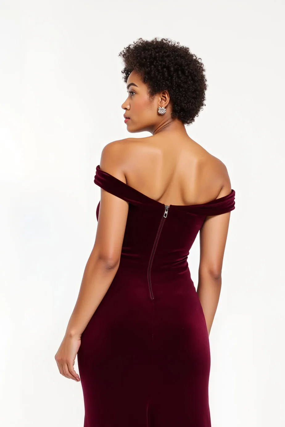 Burgundy Velvet Sheath Off The Shoulder Long Holiday Party Dress With Slit sold by Zapaka product image thumbnail 4