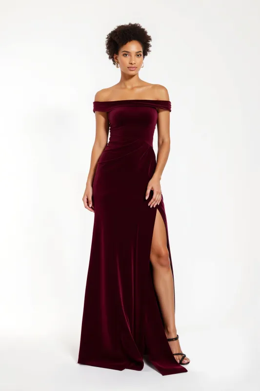 Burgundy Velvet Sheath Off The Shoulder Long Holiday Party Dress With Slit sold by Zapaka