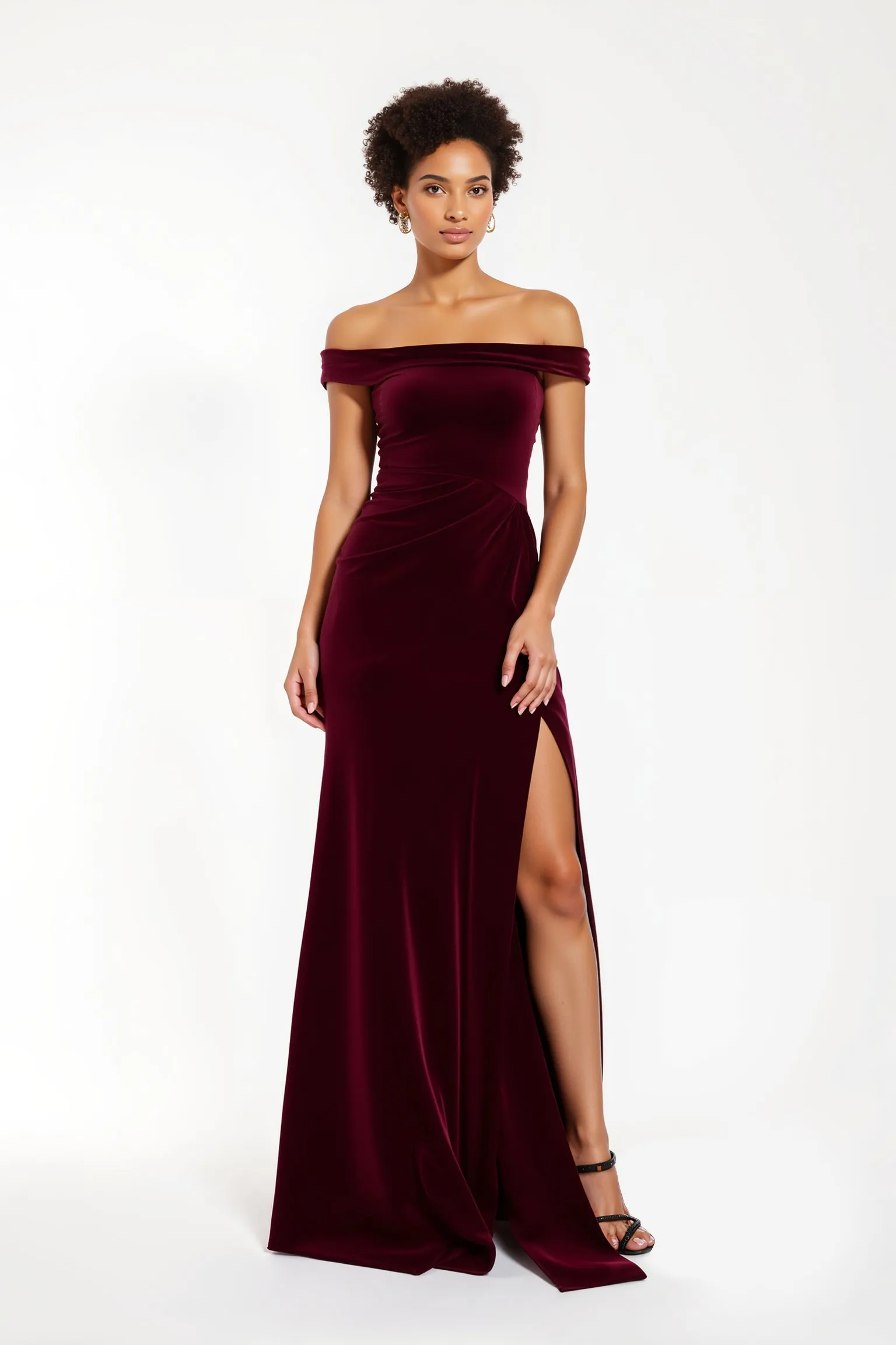 Burgundy Velvet Sheath Off The Shoulder Long Holiday Party Dress With Slit sold by Zapaka