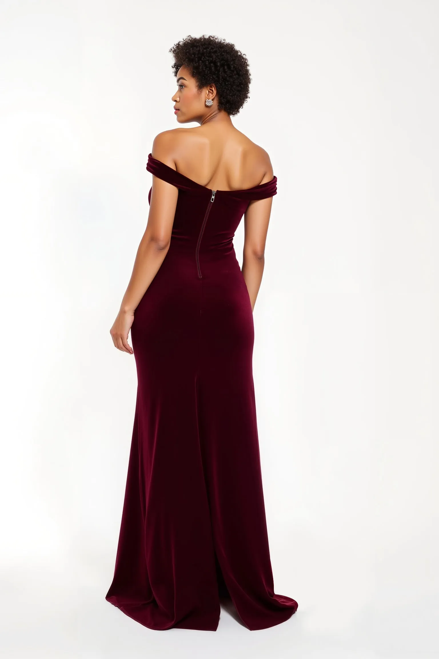 Burgundy Velvet Sheath Off The Shoulder Long Holiday Party Dress With Slit sold by Zapaka product image thumbnail 2