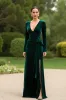 Dark Green V-Neck Sheath Velvet Long Holiday Party Dress With Slit sold by Zapaka
