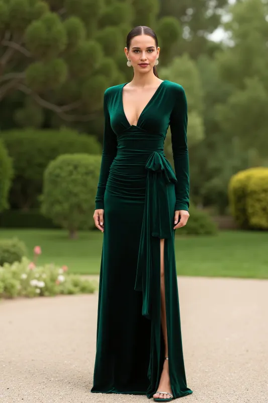 Dark Green V-Neck Sheath Velvet Long Holiday Party Dress With Slit sold by Zapaka