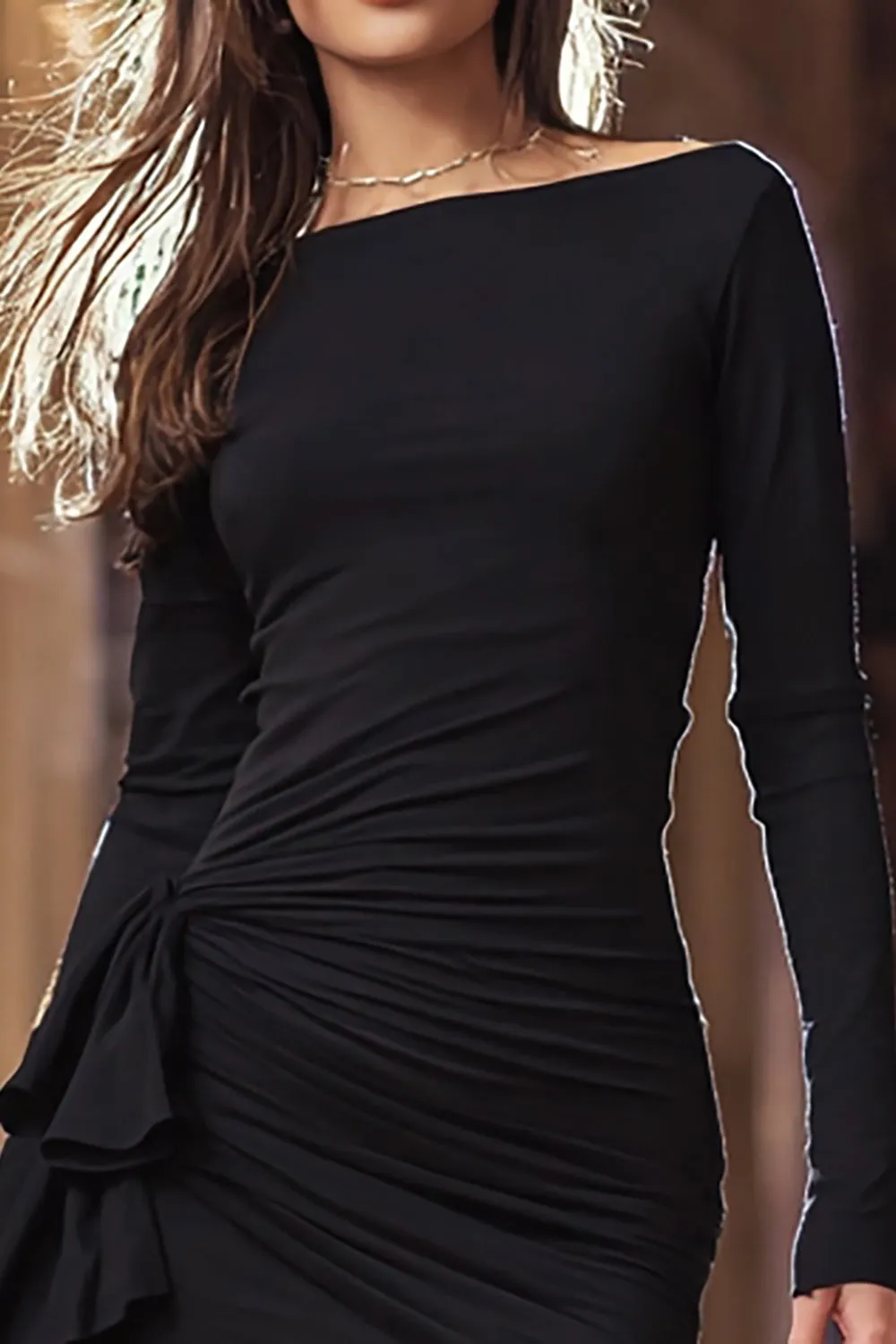 Black Tight Ruffled Short Cocktail Dress With Sleeves sold by Zapaka product image thumbnail 2