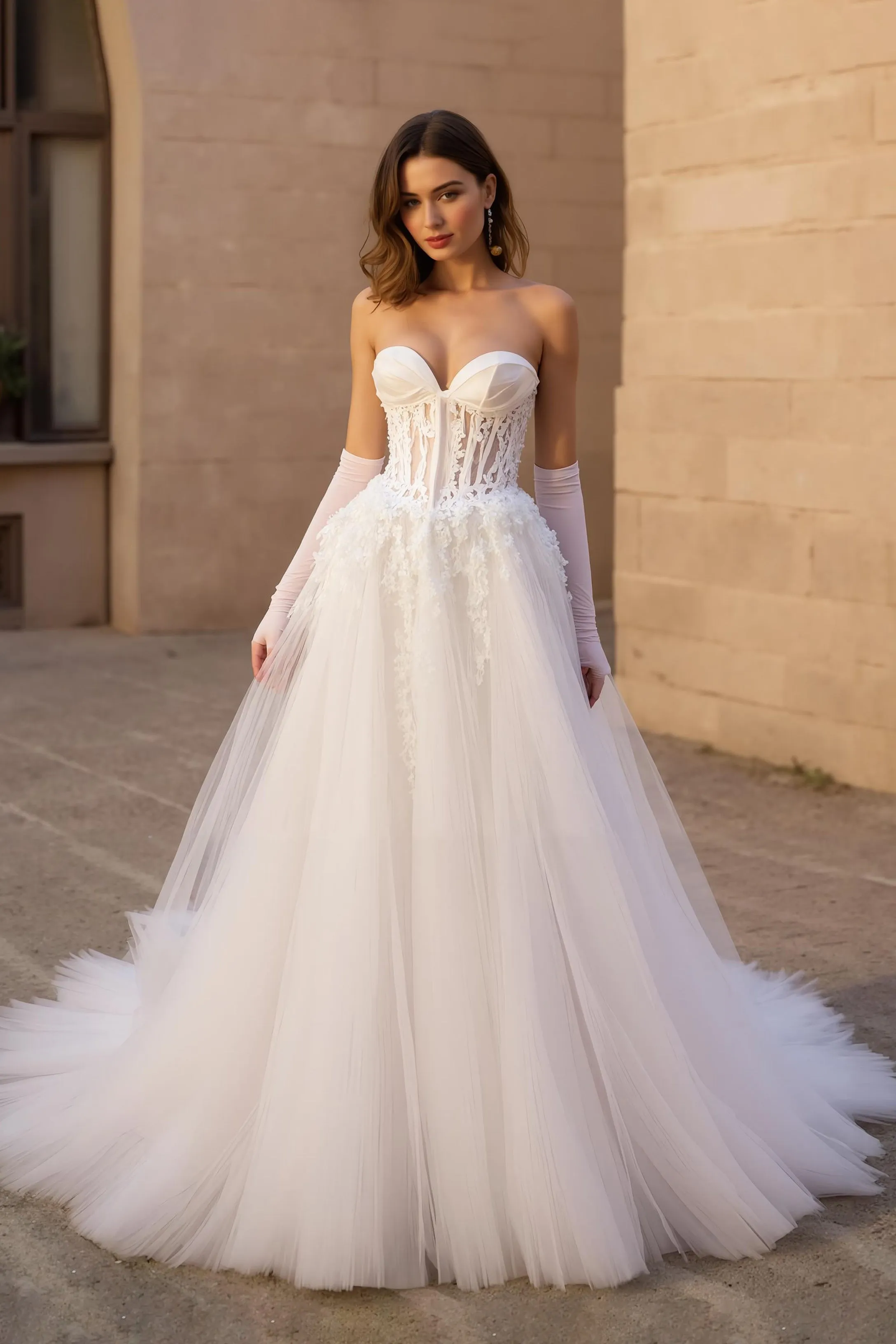 Strapless A Line Ivory Tulle Corset Long Wedding Dress sold by Zapaka